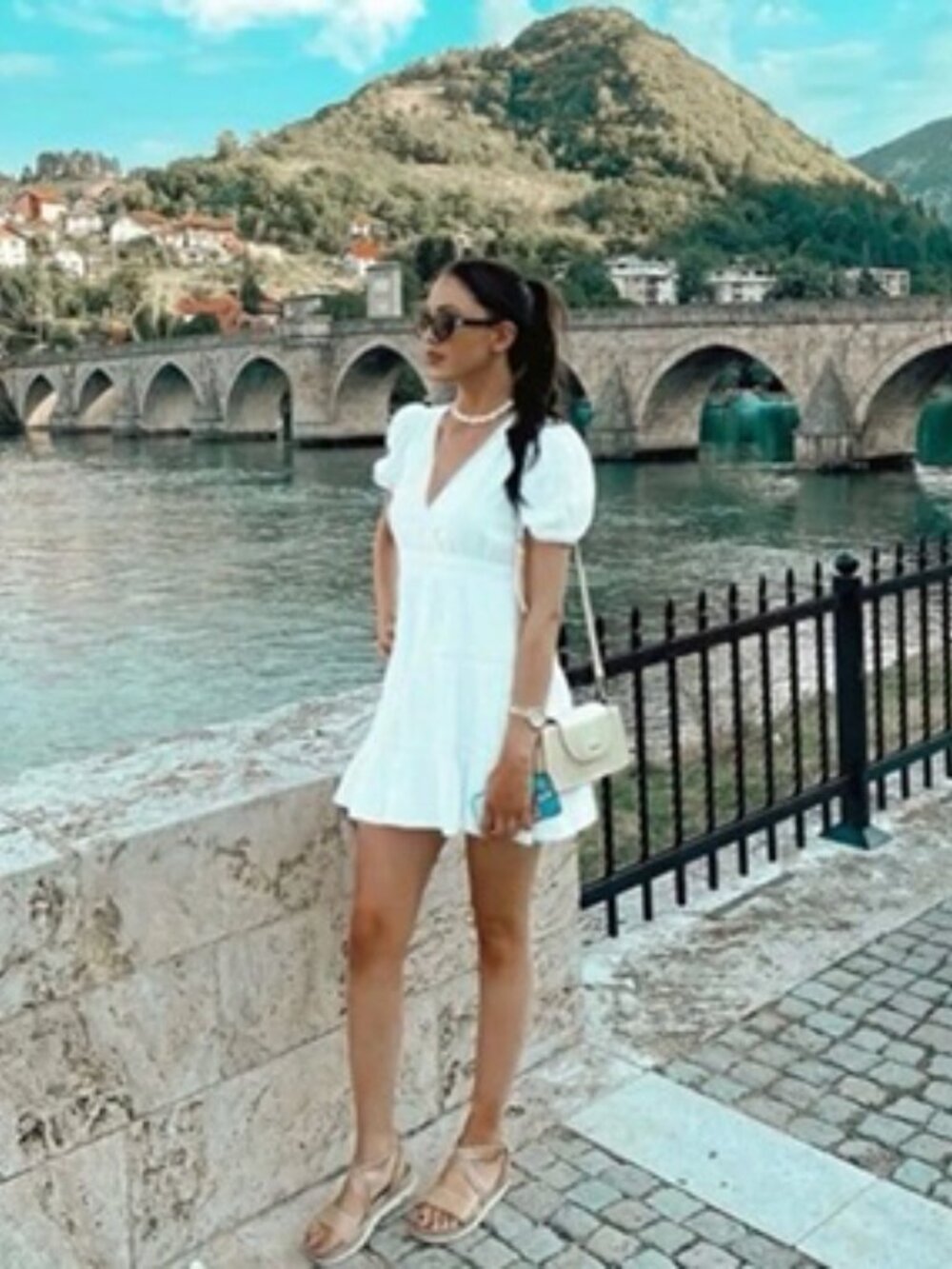 Zara White Lace Insert Trim Boho Balloon Sleeve Cotton Tiered Mini Dress Small